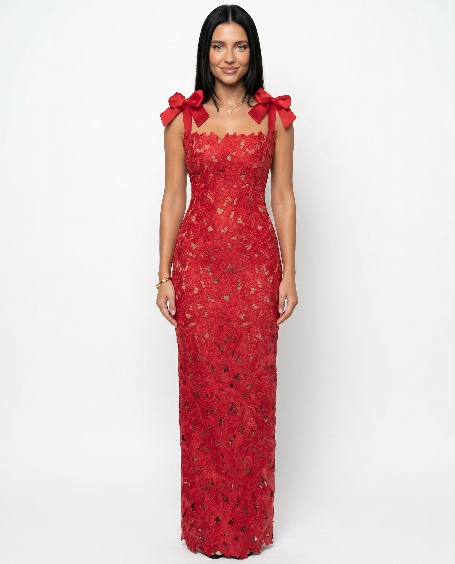 Thalina • Vestido Maxi con Encaje y Tirantes de Lazo